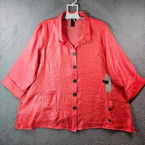 $79 NWT Ali Miles Tunic‎ Shirt Top Women 3X Button Up Shiny Orange 3/4 Sleeve